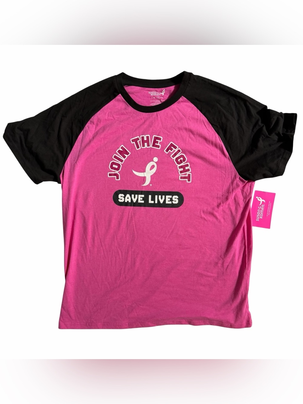 Susan G. Komen Breast Cancer Join The Fight Raglan Tee XL Pink & Black T-Shirt